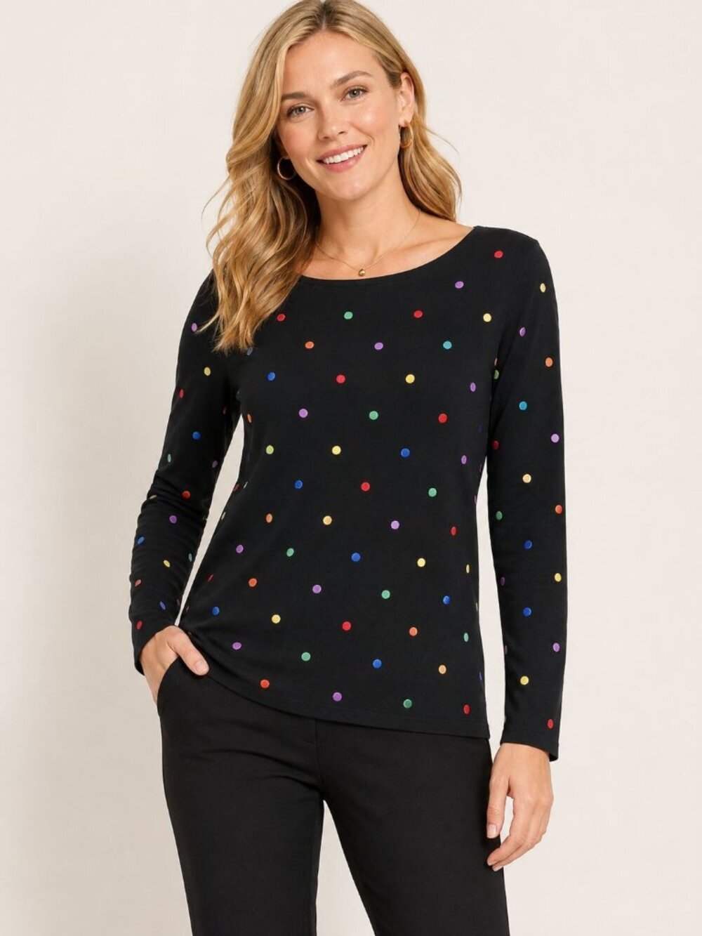 Jones New York Signature Black Long Sleeve Shirt W/Colorful Polka Dot 1Xlarge